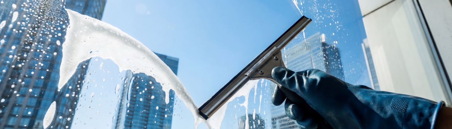 Window cleaning process in high-rise building with view of modern skyscrapers